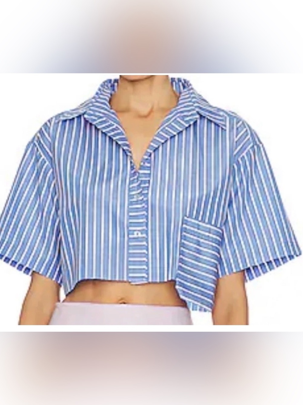 Steve Madden Blue and White Striped Cropped Button Shirt size L